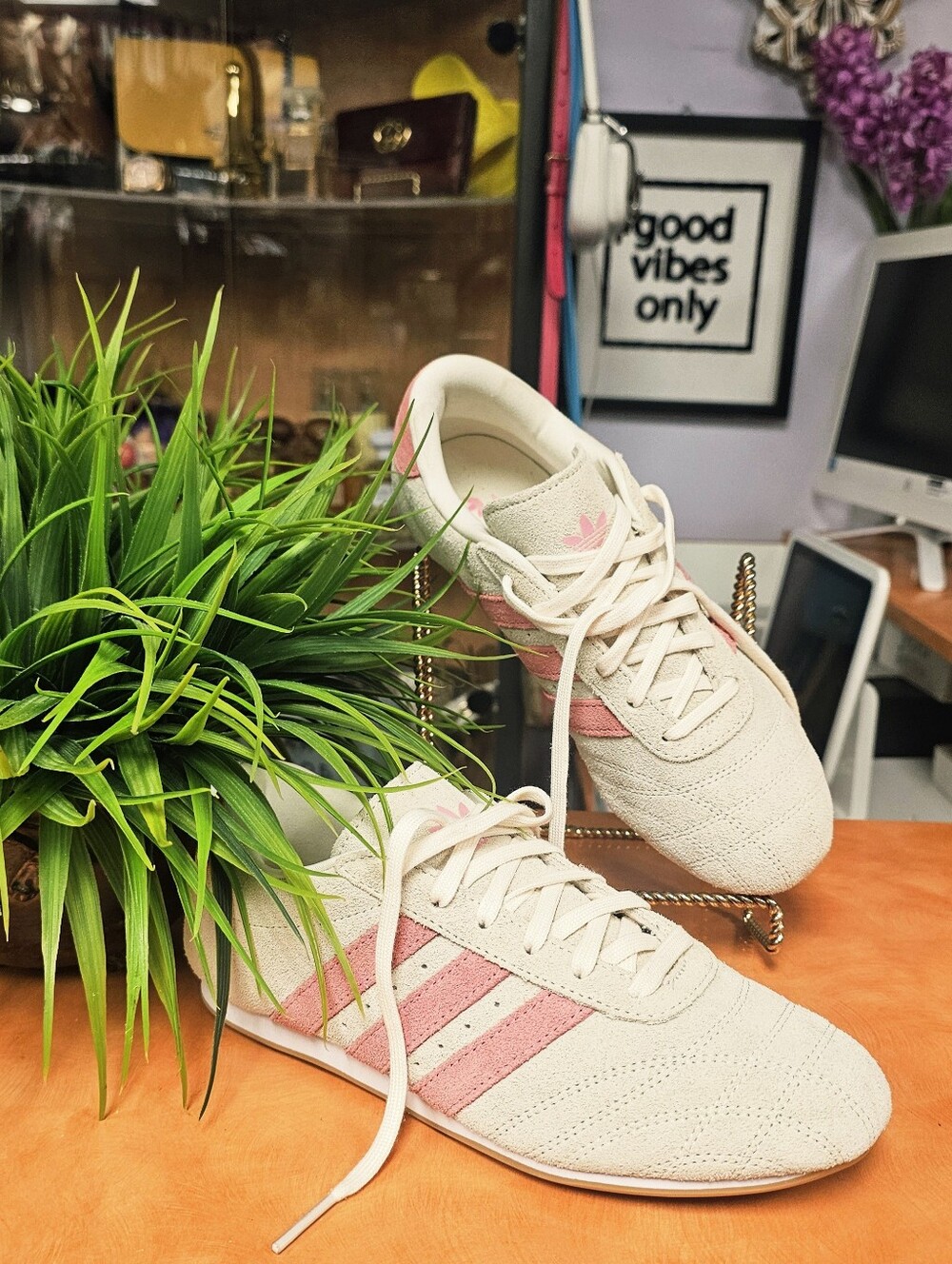 adidas Women's Suede Sneakers - Cream with Pink Stripes